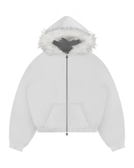 Felpa con cappuccio bianca in pelliccia con zip Reaven