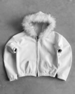 Felpa con cappuccio bianca in pelliccia con zip Reaven